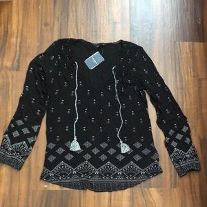 New Lucky Brand Black & White Peasant Top Long Sleeve
